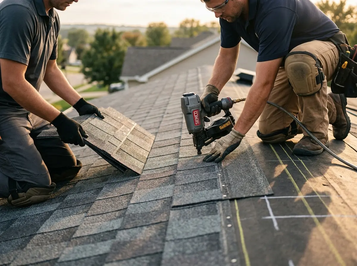 Professional roofer working on a residential roof in Framingham